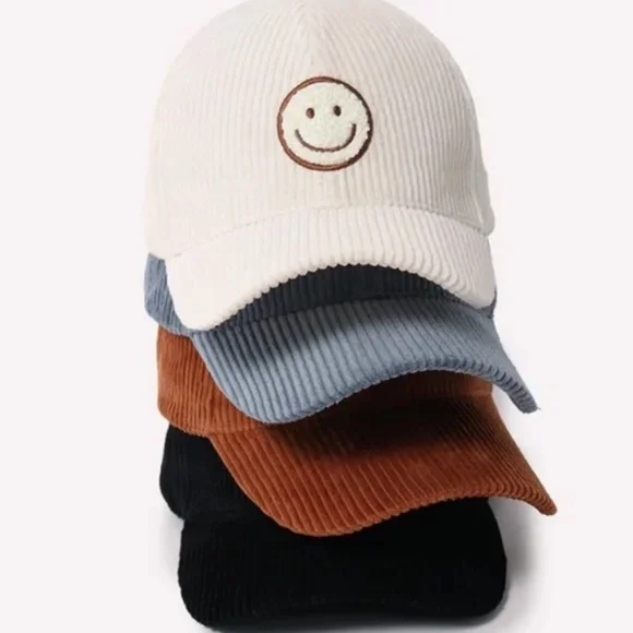 SOLD OUT Dusty Blue Smile Face Chenille Patch Corduroy Baseball Cap Hat Casual - Picture 2 of 2